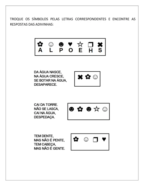 Imagem com adivinhas representadas por símbolos e letras.