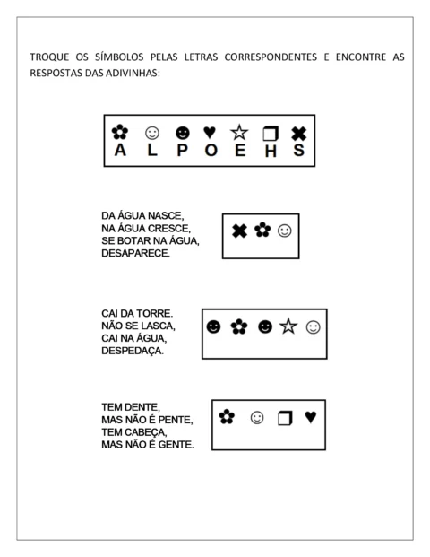 Imagem com adivinhas representadas por símbolos e letras.