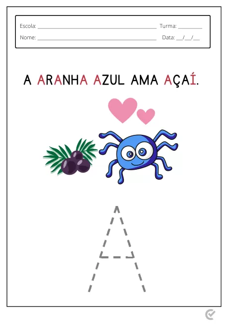 Desenho de uma aranha azul com corações e açaí, com a letra A em destaque.