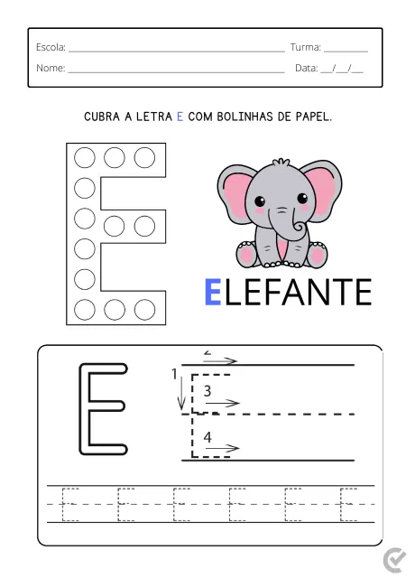 Atividade educativa com a letra E e um elefante para colorir.