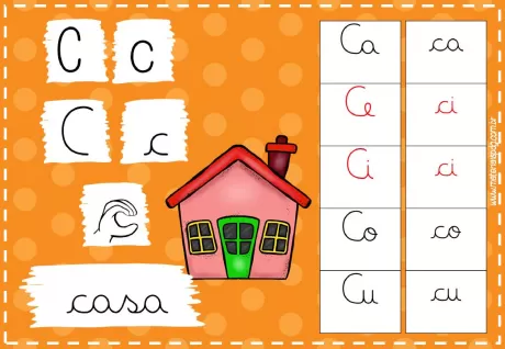 Imagem educativa com letras C, c, e a palavra casa, acompanhada de uma ilustração de uma casa.
