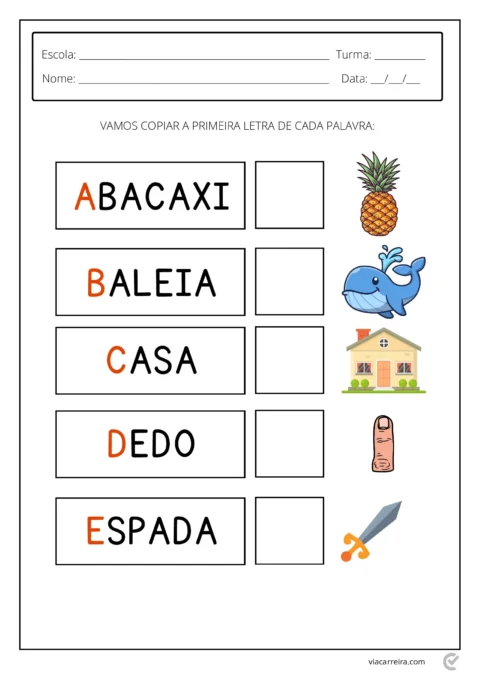 Atividade escolar com palavras e imagens para copiar a primeira letra de cada uma.
