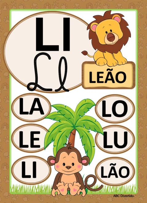 Cartaz educativo com letras L e palavras associadas, incluindo leão e macaco.