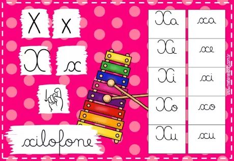Imagem de um xilofone colorido com letras e sílabas relacionadas à letra X.