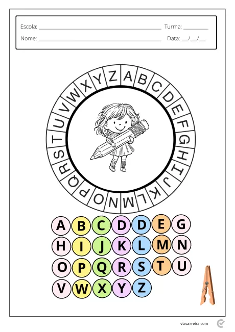 Desenho de uma menina segurando um lápis com letras do alfabeto ao redor.