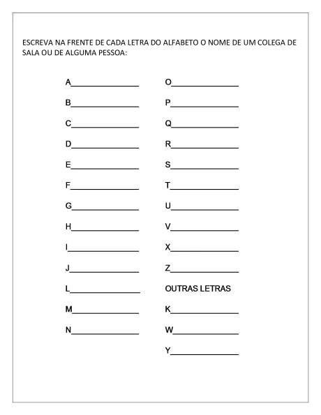 Folha de atividade para escrever nomes correspondentes a cada letra do alfabeto.
