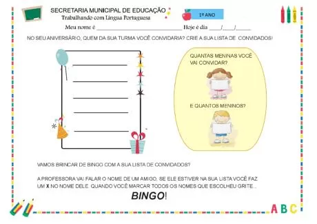 Atividade de aniversário para crianças do 1º ano com espaço para lista de convidados.