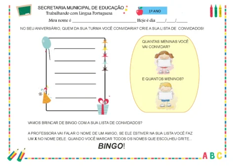 Atividade de aniversário para crianças do 1º ano com espaço para lista de convidados.