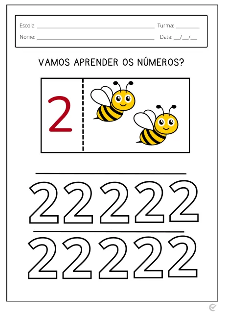 Atividade educativa com o número 2 e abelhas