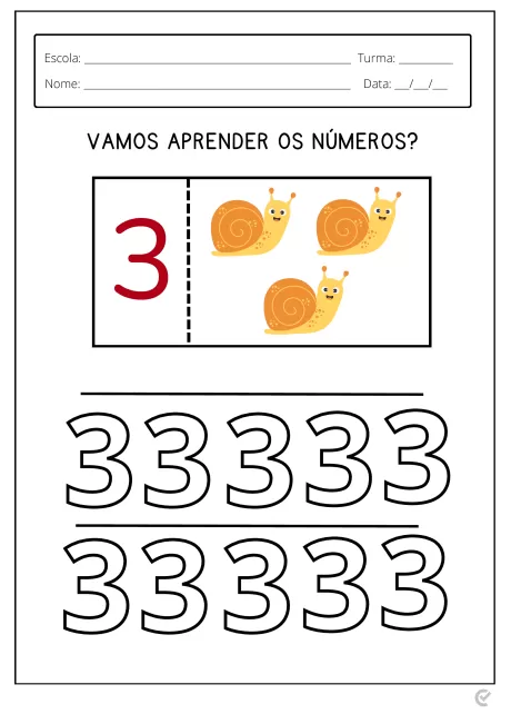 Atividade educativa com caramujos e o número 3 para ensinar contagem.