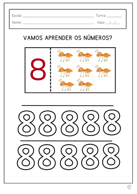 Atividade educativa com o número 8 e ilustrações de formigas.