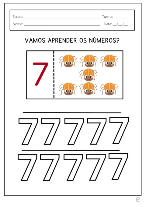 Atividade educativa com o número 7 e aranhas ilustrativas.