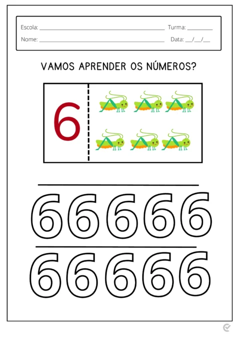 Atividade educativa com o número 6 e ilustrações de grilos.