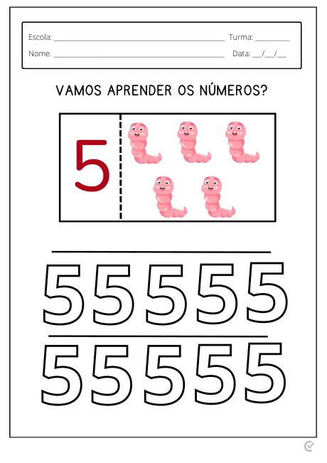 Atividade educativa com o número 5 e minhocas ilustrativas para ensinar contagem.