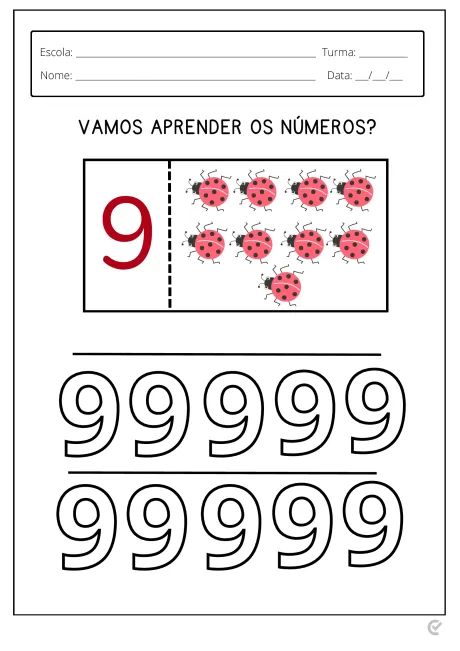 Atividade educativa com o número 9 e joaninhas para aprender a contar.