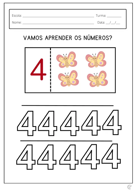 Atividade educativa com o número 4 e borboletas para crianças.