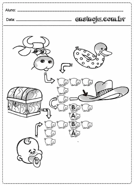Atividade de educação infantil com desenhos de animais e objetos para associação.