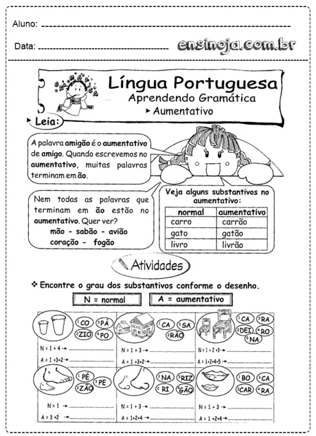 Atividade de gramática sobre aumentativos na língua portuguesa.