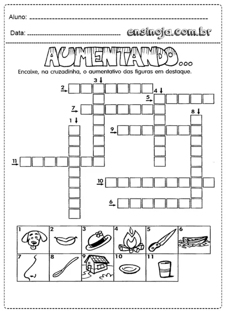 Atividade de cruzadinha sobre aumentativos com figuras.