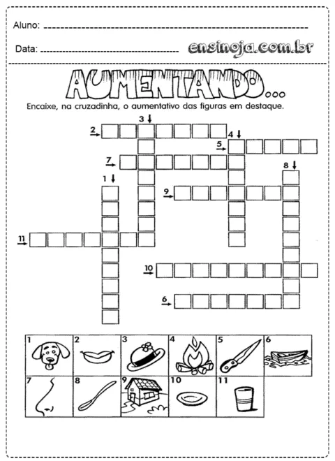 Atividade de cruzadinha sobre aumentativos com figuras.
