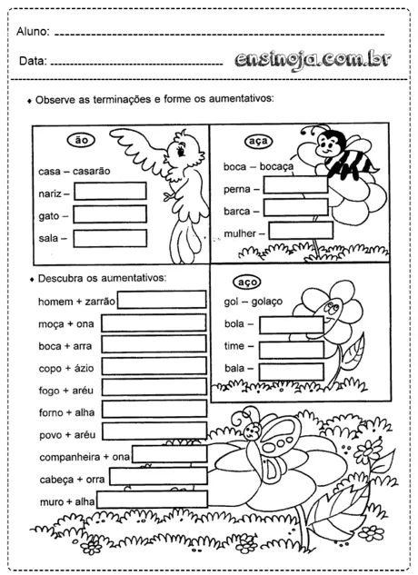 Atividade de formação de aumentativos com ilustrações de animais e flores.