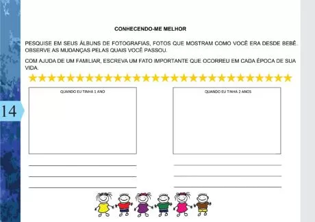 Atividade sobre autoconhecimento com espaço para escrever sobre a infância.