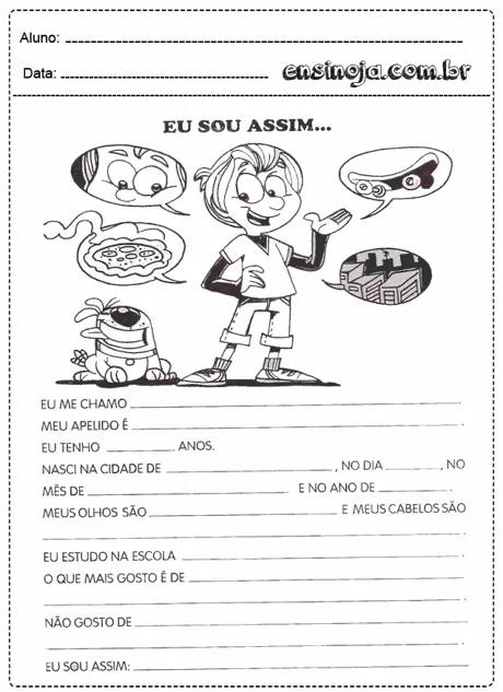 Atividade de autodescrição para crianças, com espaço para preencher informações pessoais.