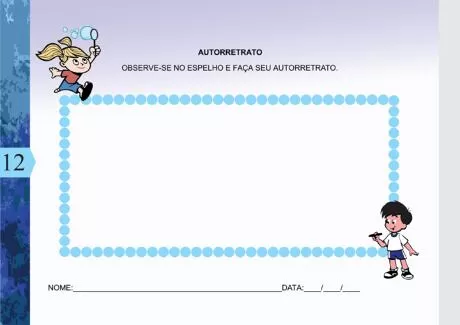 Atividade de autorretrato para crianças, com espaço em branco para desenhar.