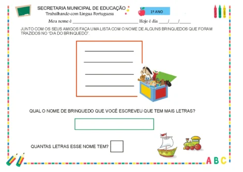 Atividade escolar sobre brinquedos para o 1º ano do ensino fundamental.