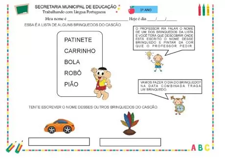 Atividade de educação infantil com lista de brinquedos e instruções para a aula.
