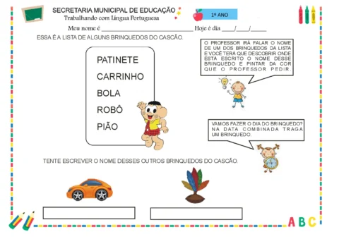 Atividade de educação infantil com lista de brinquedos e instruções para a aula.