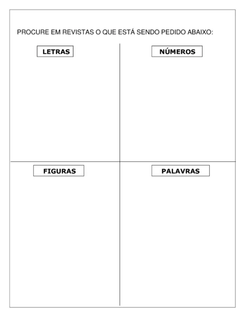 Quadro para procurar letras, números, figuras e palavras em revistas.