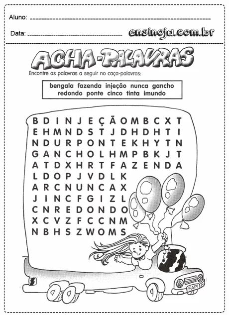 Atividade de caça-palavras com palavras para encontrar.