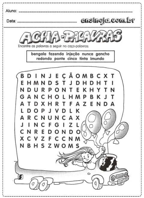 Atividade de caça-palavras com palavras para encontrar.