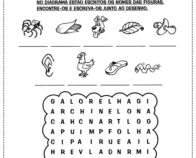 Atividade de caça-palavras com figuras e palavras para encontrar.