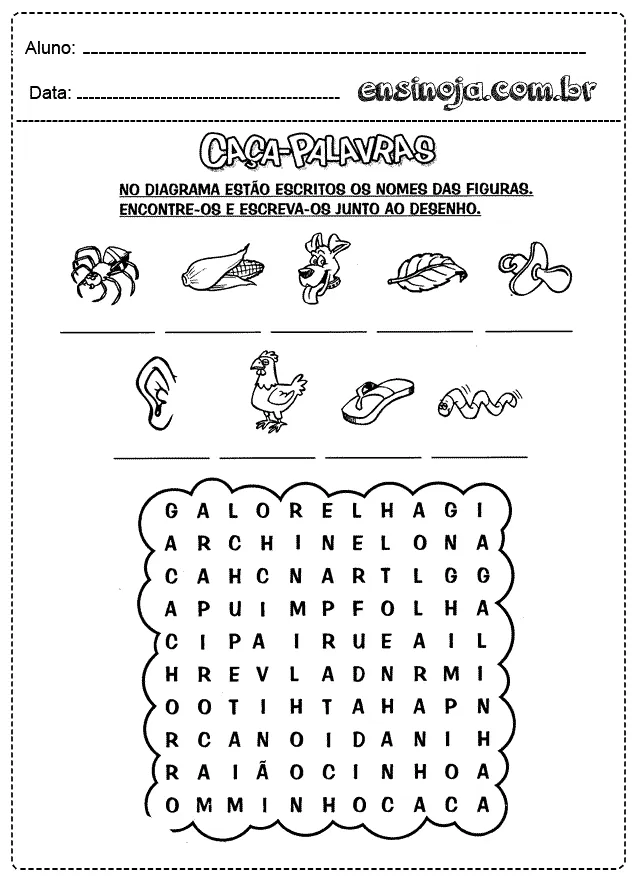 Atividade de caça-palavras com figuras e palavras para encontrar.