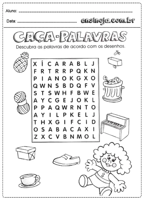 Atividade de caça-palavras com desenhos de objetos.