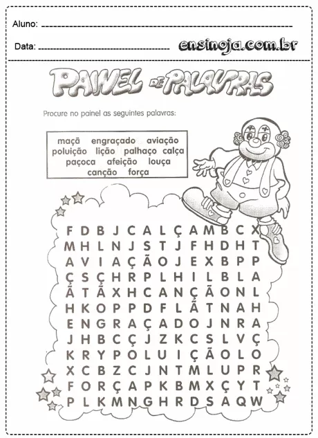 Atividade de caça-palavras com palavras relacionadas a temas infantis.