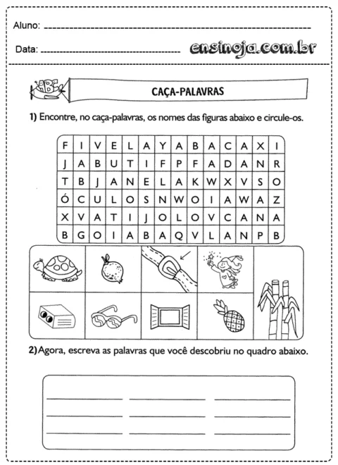 Atividade de caça-palavras com figuras e espaço para escrita.