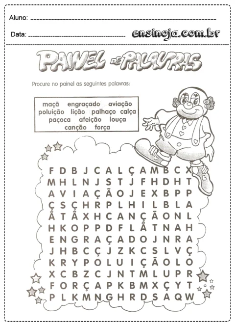 Atividade de caça-palavras com palavras relacionadas a temas infantis.