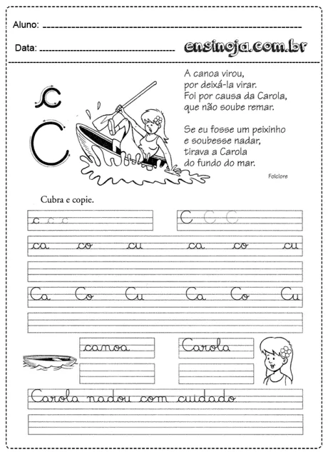 Atividade de escrita com a letra C e ilustração de uma canoa e uma menina.