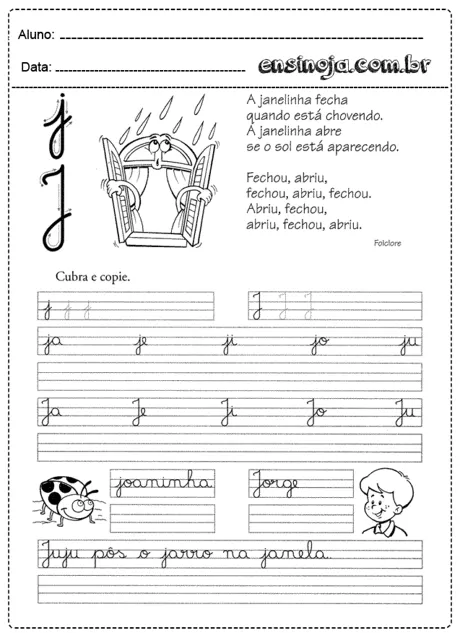 Atividade de caligrafia com a letra J e ilustrações de uma janela e uma joaninha.