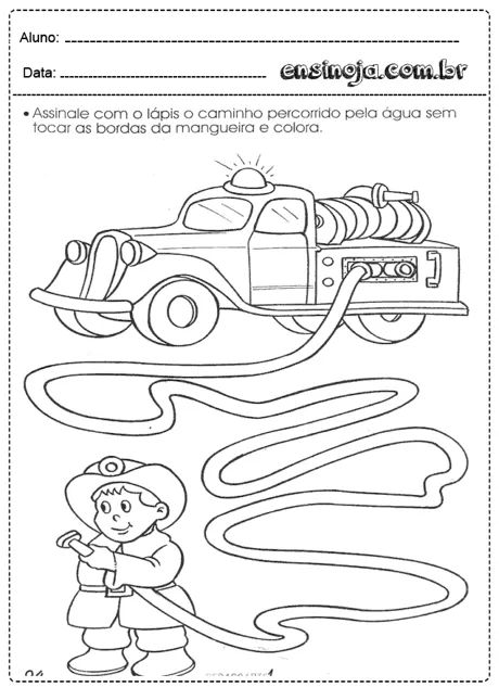 Desenho de um caminhão de bombeiros e uma criança com mangueira.