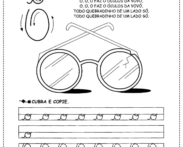 Desenho de óculos com instruções para cantar e praticar a escrita.