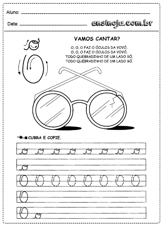 Desenho de óculos com instruções para cantar e praticar a escrita.