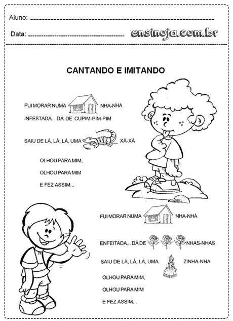 Atividade de canto e imitação com ilustrações de crianças e letras de músicas.