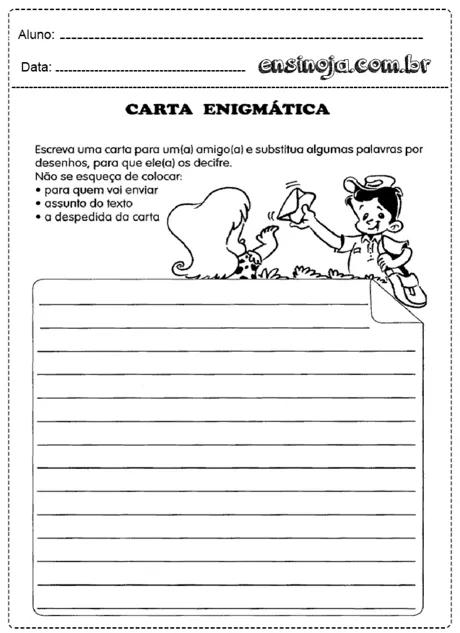 Atividade de escrita de carta enigmática com ilustrações de crianças.