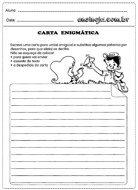 Atividade de escrita de carta enigmática com ilustrações de crianças.