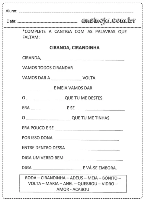 Atividade de completar a cantiga 'Ciranda, Cirandinha' com palavras que faltam.