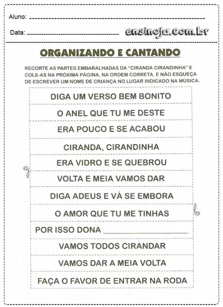Atividade de recorte e colagem da música 'Ciranda Cirandinha' para crianças.